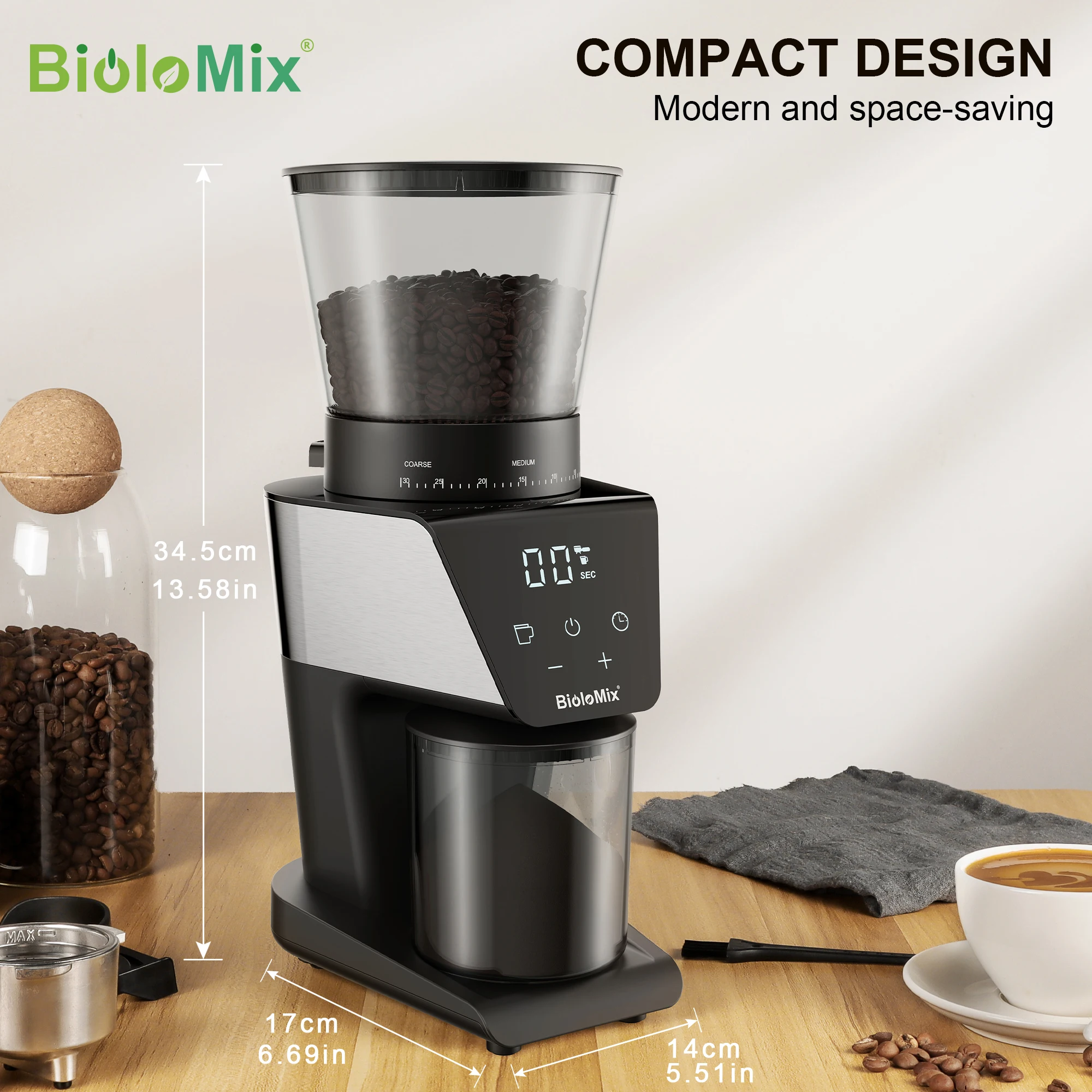 BioloMix Automatic Burr Mill Electric Coffee Grinder with 30 Gears for Espresso American Coffee Pour Over Visual Bean Storage