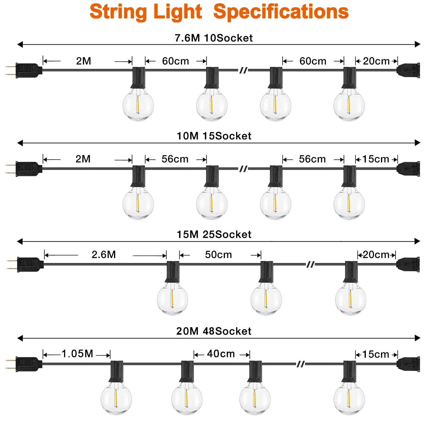 GANRILAND 65FT Outdoor Garland String Lights Dimmable E12 Sockets G40 Globe Led Bulb Connectable Gard Decor Fairy Light Chain
