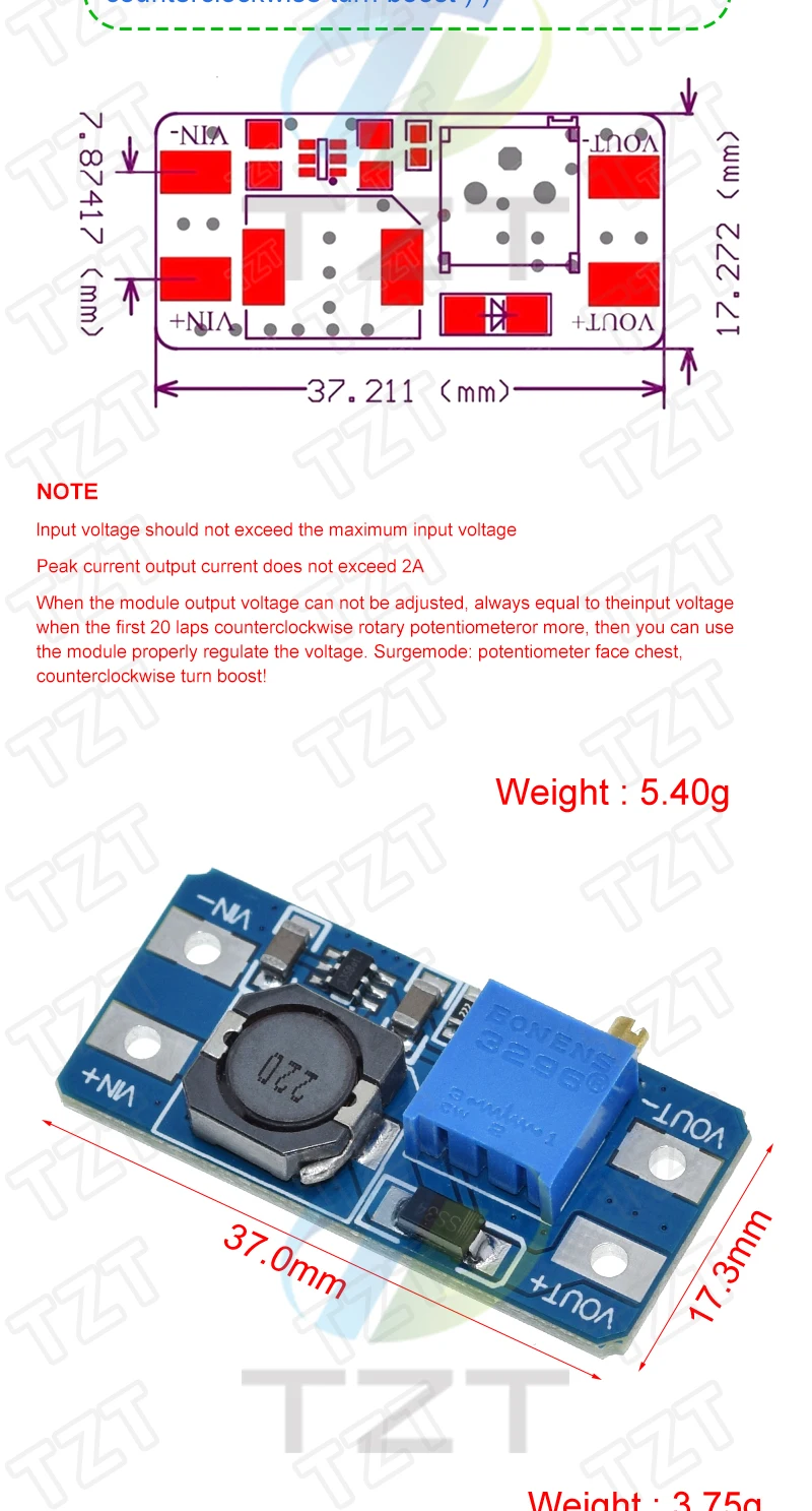 TZT 1/5PCS MT3608 DC-DC Step Up Converter Booster Power Supply Module Boost Step-up Board MAX output 28V 2A