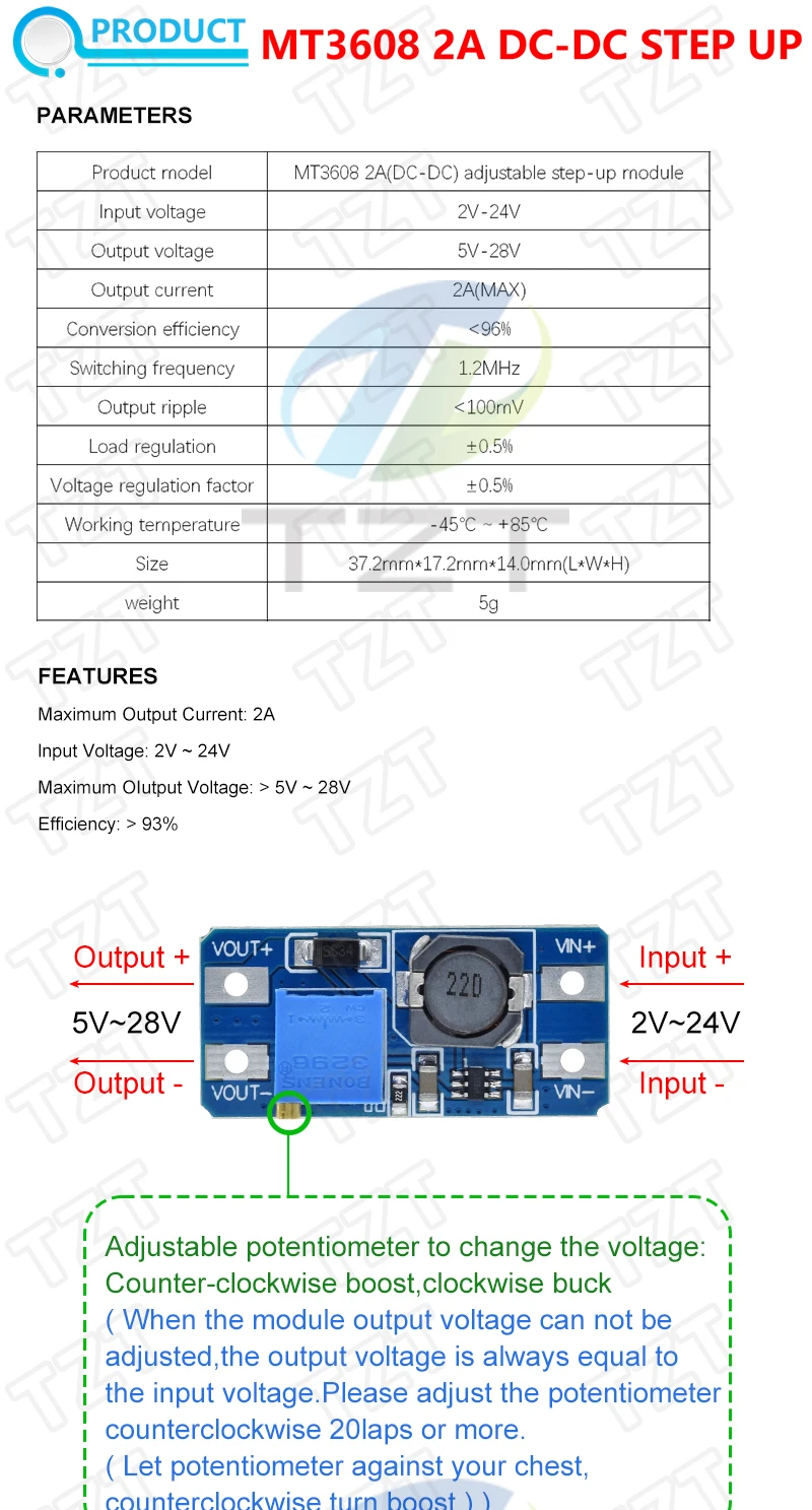 TZT 1/5PCS MT3608 DC-DC Step Up Converter Booster Power Supply Module Boost Step-up Board MAX output 28V 2A