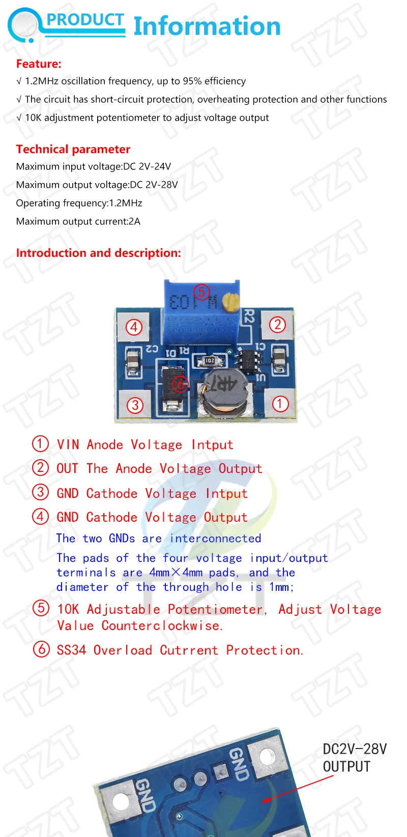 TZT 1/5PCS MT3608 DC-DC Step Up Converter Booster Power Supply Module Boost Step-up Board MAX output 28V 2A