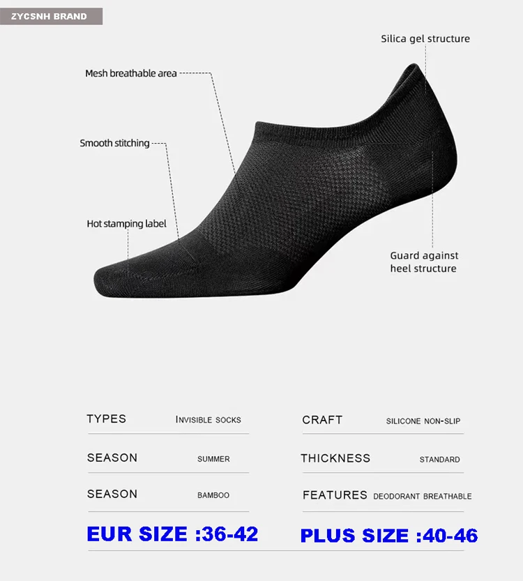 10Pairs Bamboo Socks Thin Summer Men's Invisible Socks Absorbent Deodorant Harajuku Bamboo Fiber Mesh Short Sock Black Plus Size