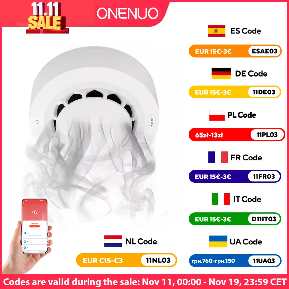 ONENUO Tuya Zigbee Smoke Sensor Fire Alarm Detector Home Security Alarm Smoke Sensor Should Work with Tuya Zigbee Hub