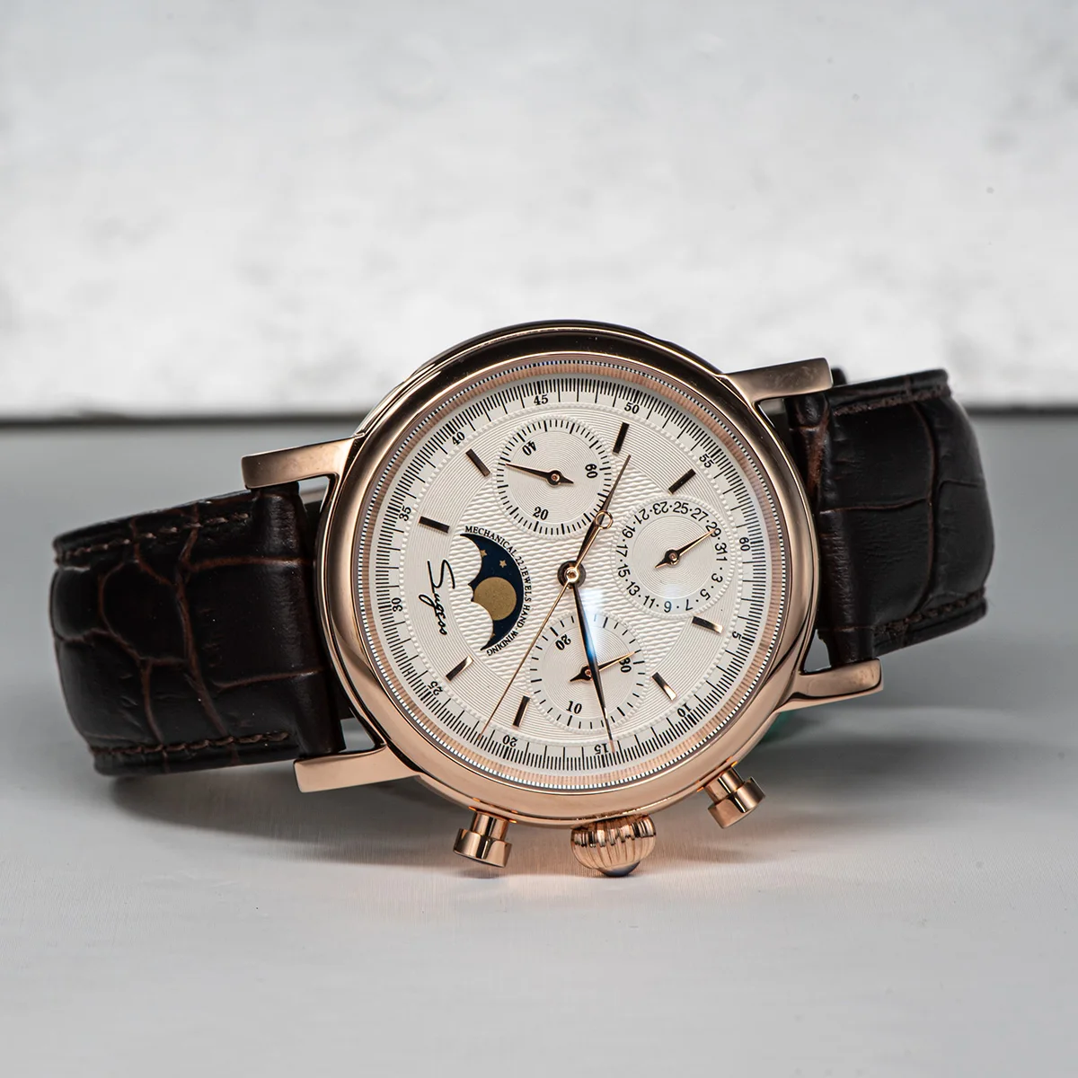 Sugess Men Watch ST1908 Swanneck Movement Mechanical Chronograph Wristwatch Genuine Moonphase Calendar Vintage Leather NEW 2023
