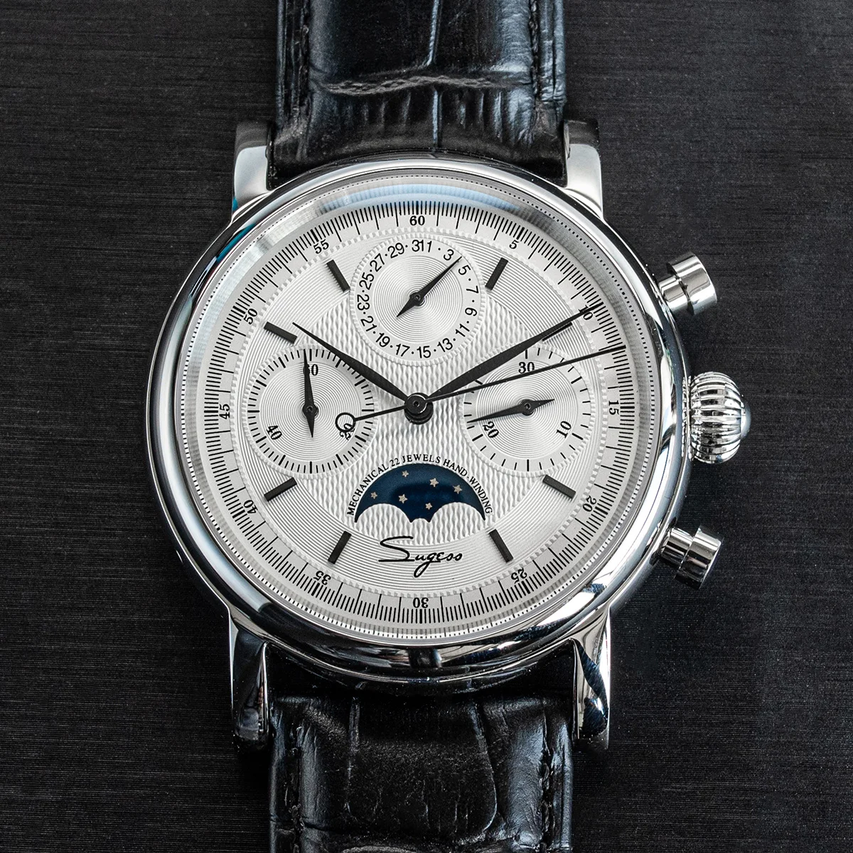 Sugess Men Watch ST1908 Swanneck Movement Mechanical Chronograph Wristwatch Genuine Moonphase Calendar Vintage Leather NEW 2023