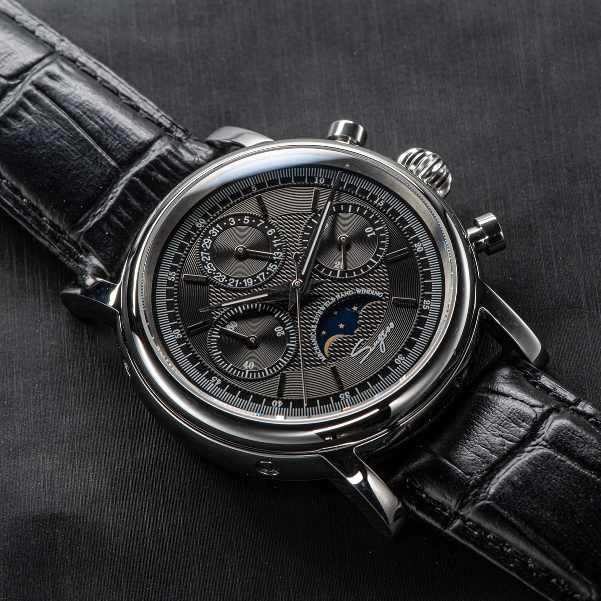 Sugess Men Watch ST1908 Swanneck Movement Mechanical Chronograph Wristwatch Genuine Moonphase Calendar Vintage Leather NEW 2023
