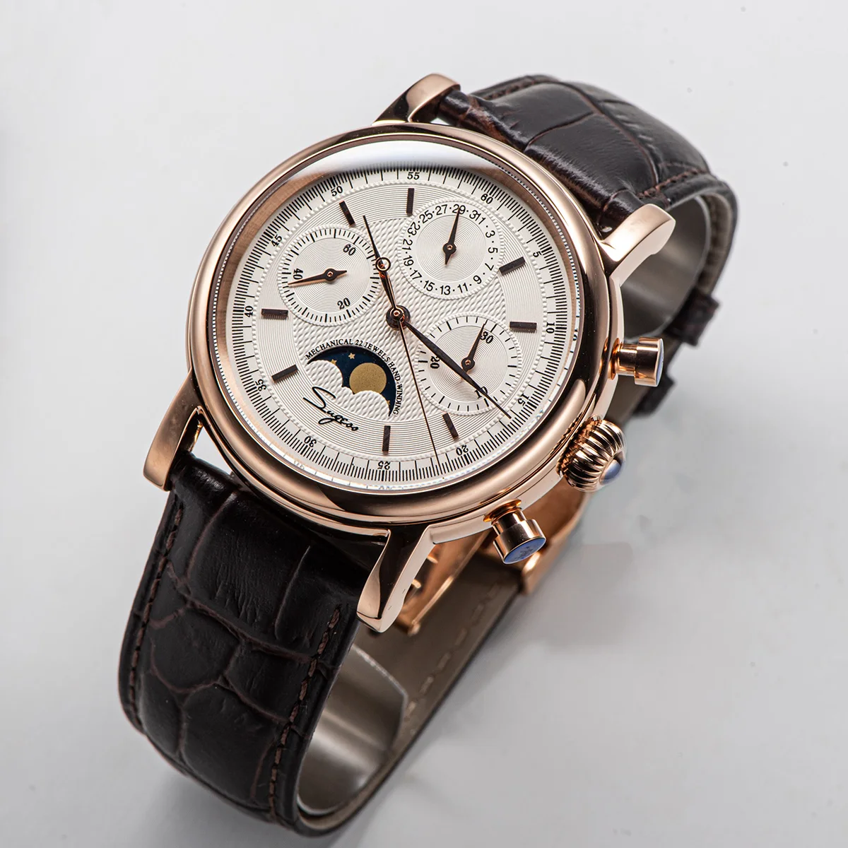 Sugess Men Watch ST1908 Swanneck Movement Mechanical Chronograph Wristwatch Genuine Moonphase Calendar Vintage Leather NEW 2023