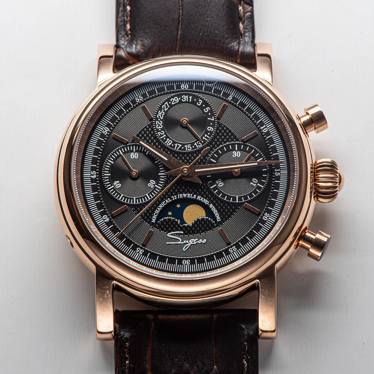 Sugess Men Watch ST1908 Swanneck Movement Mechanical Chronograph Wristwatch Genuine Moonphase Calendar Vintage Leather NEW 2023