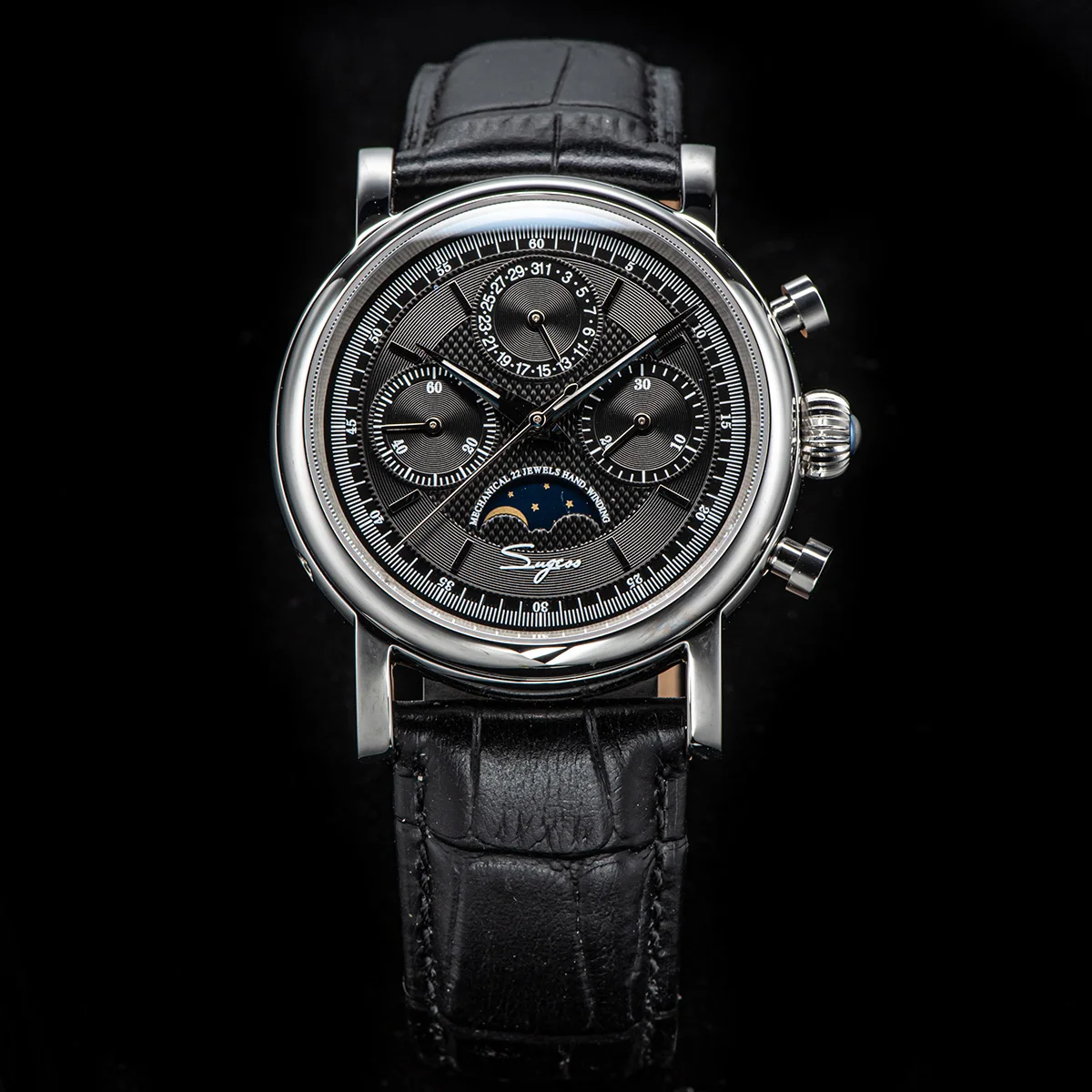Sugess Men Watch ST1908 Swanneck Movement Mechanical Chronograph Wristwatch Genuine Moonphase Calendar Vintage Leather NEW 2023