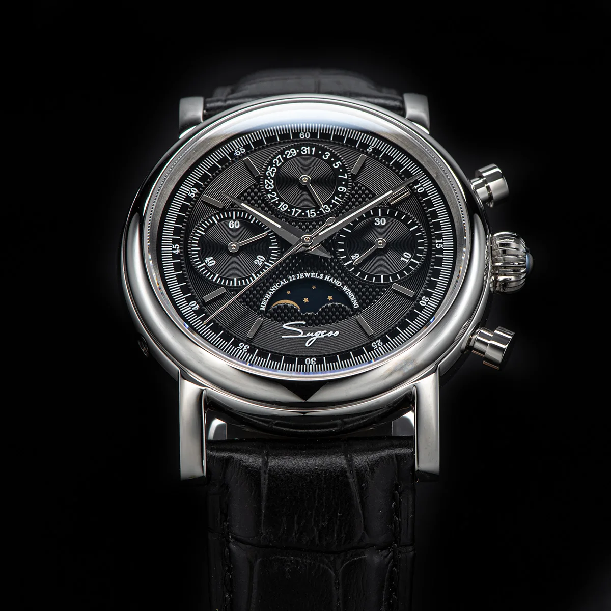 Sugess Men Watch ST1908 Swanneck Movement Mechanical Chronograph Wristwatch Genuine Moonphase Calendar Vintage Leather NEW 2023