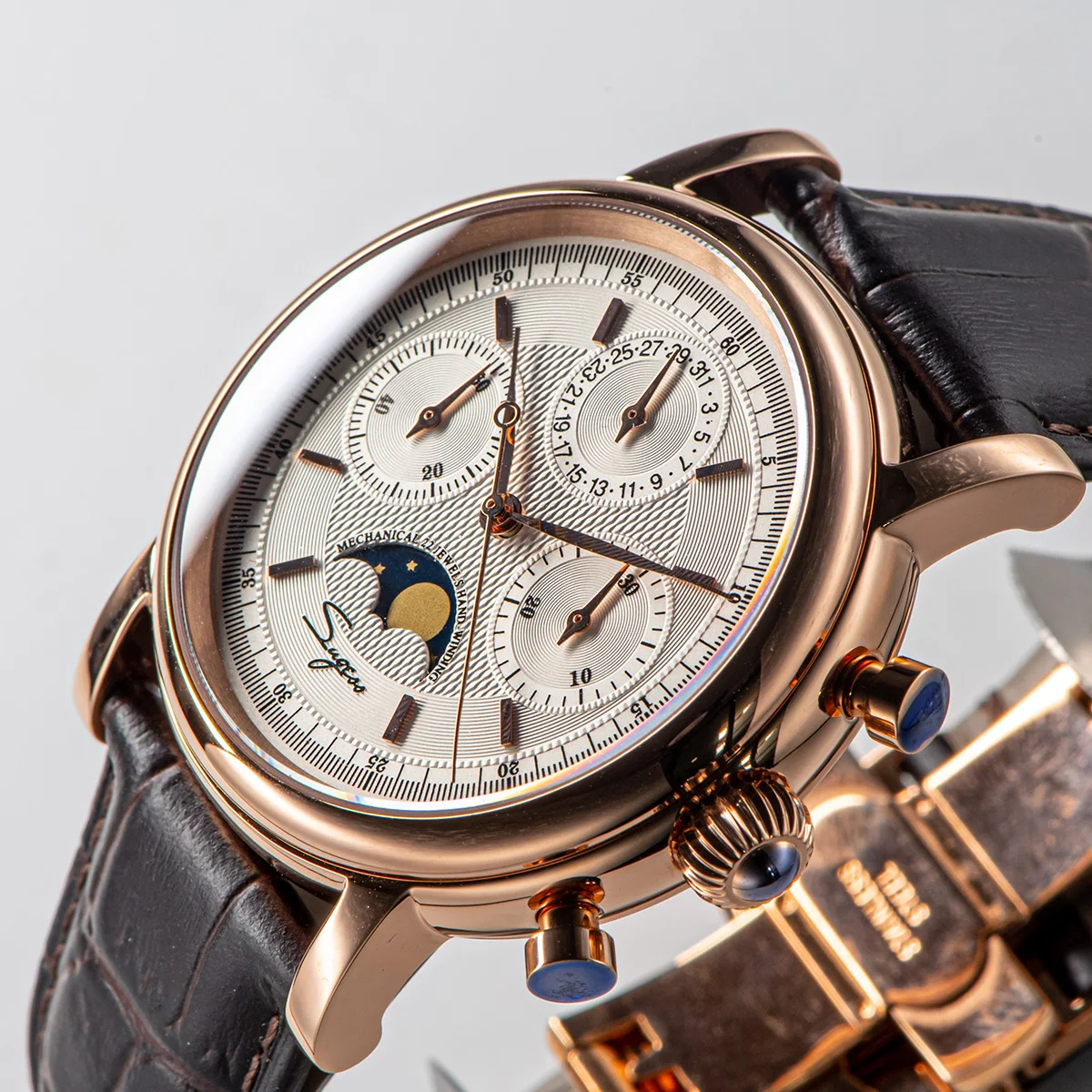 Sugess Men Watch ST1908 Swanneck Movement Mechanical Chronograph Wristwatch Genuine Moonphase Calendar Vintage Leather NEW 2023
