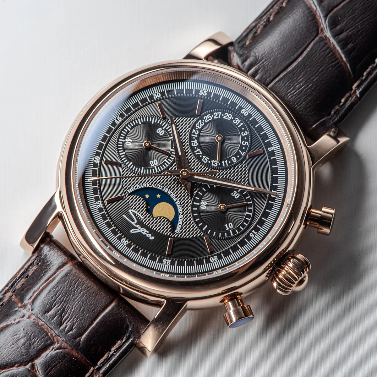 Sugess Men Watch ST1908 Swanneck Movement Mechanical Chronograph Wristwatch Genuine Moonphase Calendar Vintage Leather NEW 2023