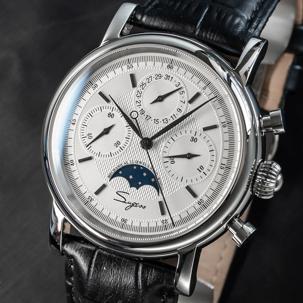 Sugess Men Watch ST1908 Swanneck Movement Mechanical Chronograph Wristwatch Genuine Moonphase Calendar Vintage Leather NEW 2023