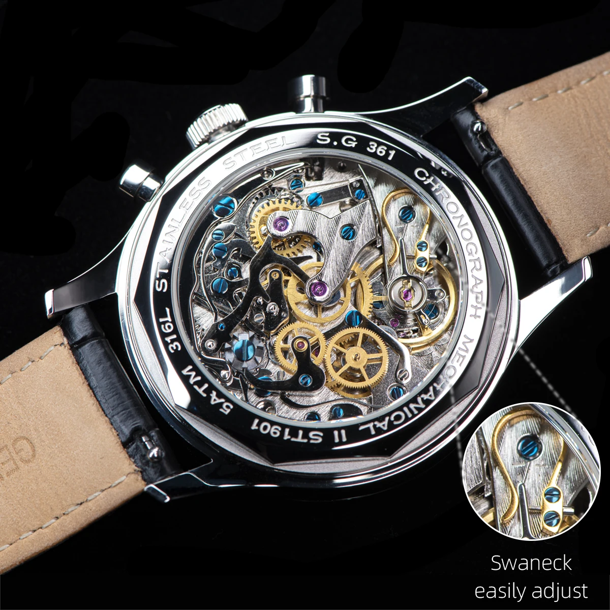 Sugess Men Watch ST1908 Swanneck Movement Mechanical Chronograph Wristwatch Genuine Moonphase Calendar Vintage Leather NEW 2023