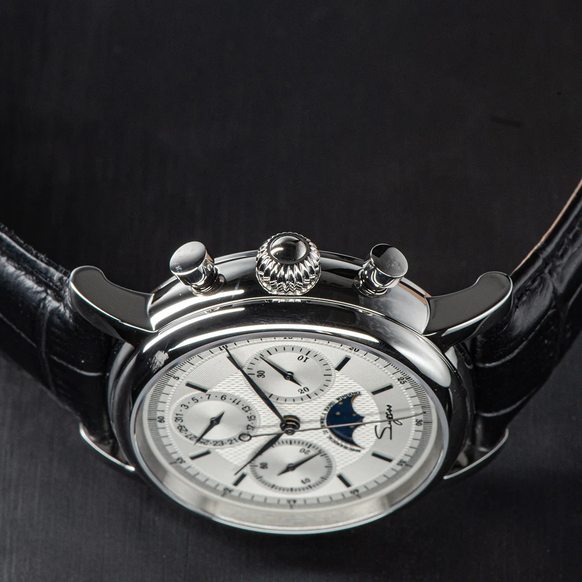 Sugess Men Watch ST1908 Swanneck Movement Mechanical Chronograph Wristwatch Genuine Moonphase Calendar Vintage Leather NEW 2023
