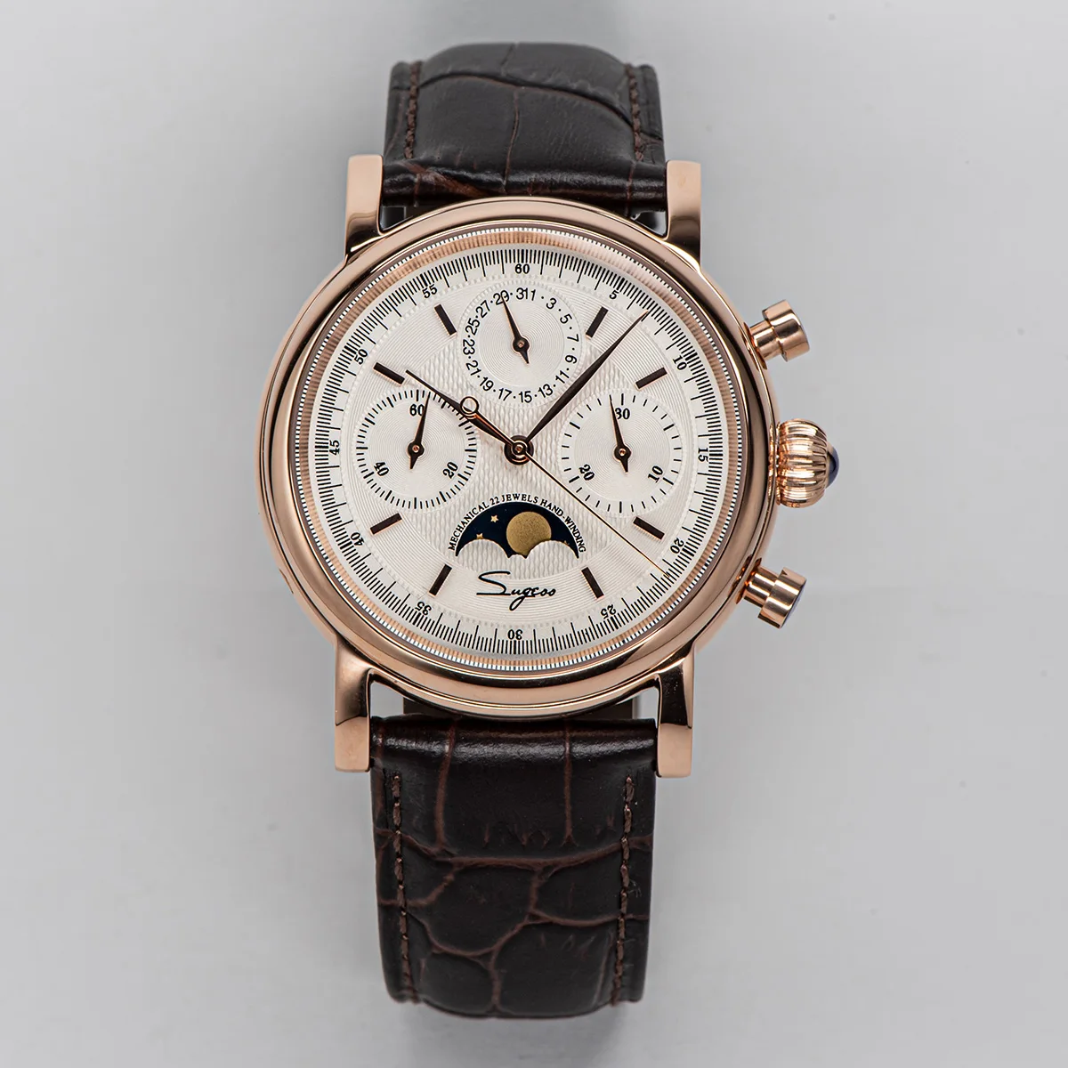Sugess Men Watch ST1908 Swanneck Movement Mechanical Chronograph Wristwatch Genuine Moonphase Calendar Vintage Leather NEW 2023