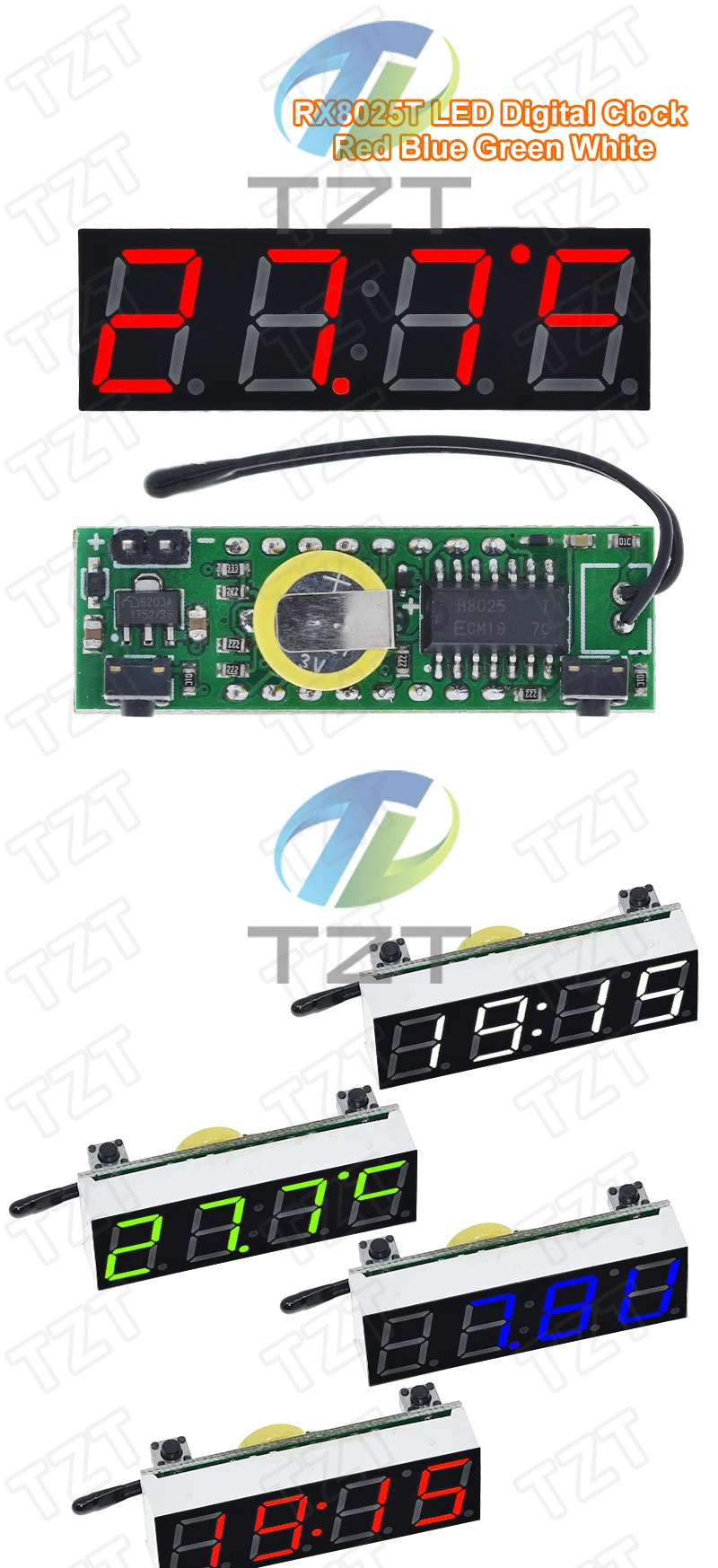 GREATZT 3 In 1 LED RX8025T Digital Clock Temperature Voltage Module DIY Time/Thermometer/Voltmeter DC 5-30V For Arduino
