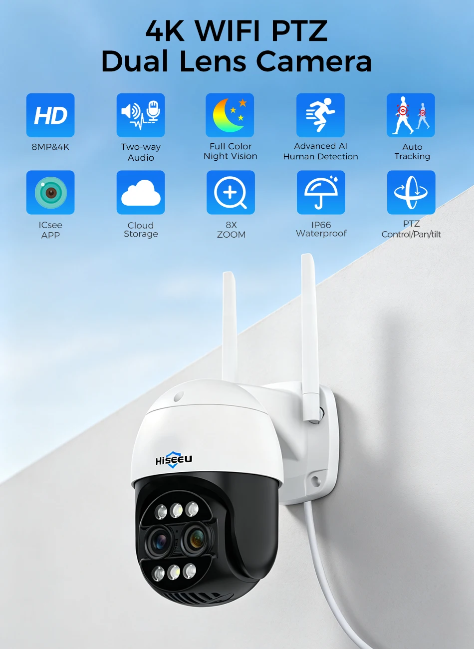 Hiseeu 4K 8MP Dual Lens PTZ Wifi IP Camera 8X Zoom Outdoor HD Full Color Night Vision Human Detection Video Surveillance Cameras