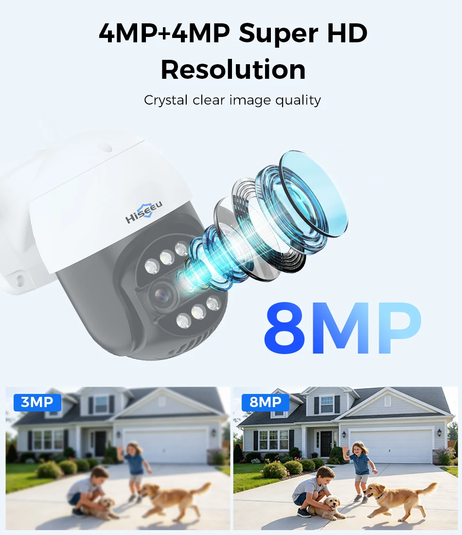 Hiseeu 4K 8MP Dual Lens PTZ Wifi IP Camera 8X Zoom Outdoor HD Full Color Night Vision Human Detection Video Surveillance Cameras