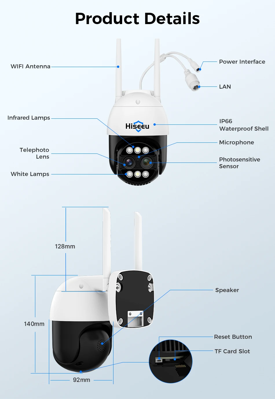 Hiseeu 4K 8MP Dual Lens PTZ Wifi IP Camera 8X Zoom Outdoor HD Full Color Night Vision Human Detection Video Surveillance Cameras