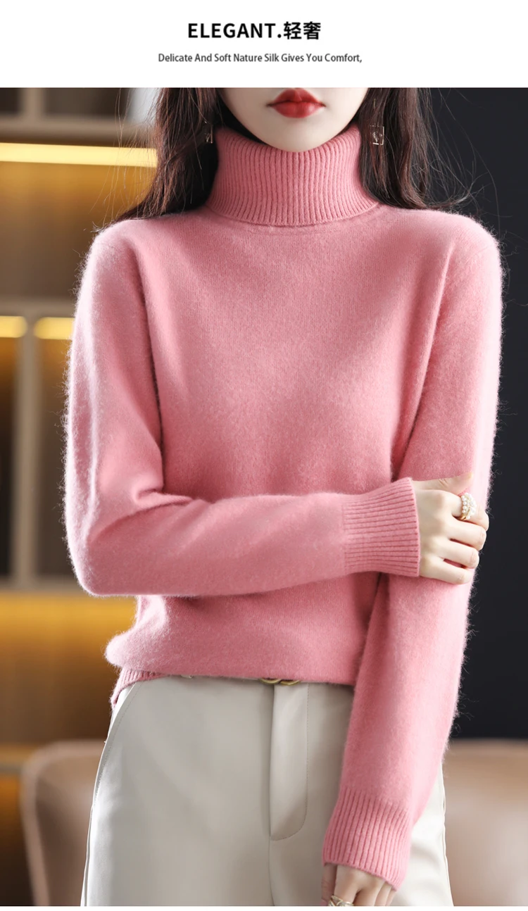 LHZSYY Winter Women Sweater Solid 100%Mink Cashmere Turtleneck Knitted Pullovers Slim Soft Warm Female Long Sleeve 23 Color