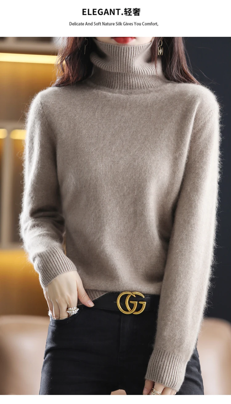 LHZSYY Winter Women Sweater Solid 100%Mink Cashmere Turtleneck Knitted Pullovers Slim Soft Warm Female Long Sleeve 23 Color