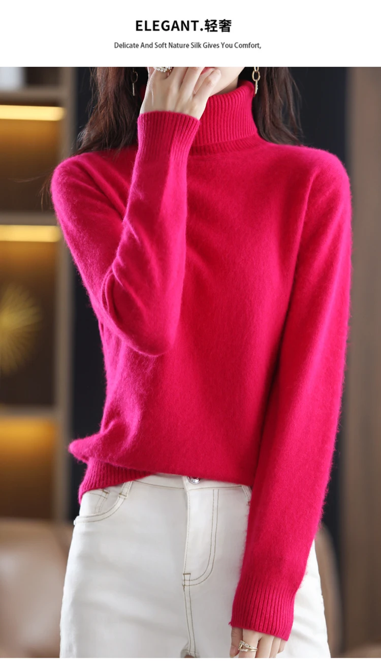 LHZSYY Winter Women Sweater Solid 100%Mink Cashmere Turtleneck Knitted Pullovers Slim Soft Warm Female Long Sleeve 23 Color