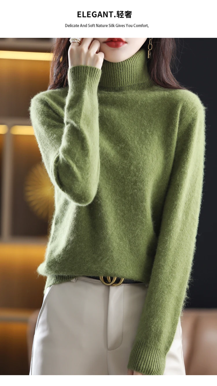 LHZSYY Winter Women Sweater Solid 100%Mink Cashmere Turtleneck Knitted Pullovers Slim Soft Warm Female Long Sleeve 23 Color