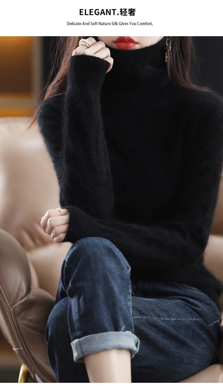LHZSYY Winter Women Sweater Solid 100%Mink Cashmere Turtleneck Knitted Pullovers Slim Soft Warm Female Long Sleeve 23 Color