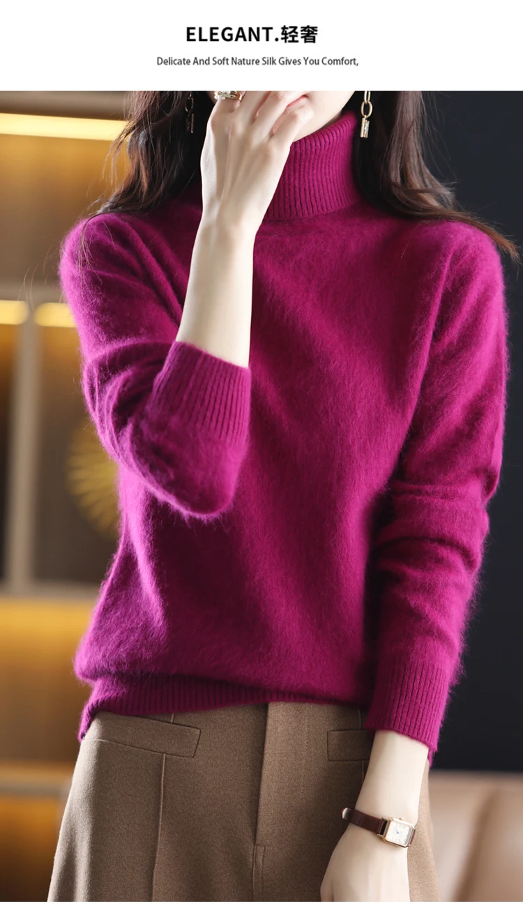 LHZSYY Winter Women Sweater Solid 100%Mink Cashmere Turtleneck Knitted Pullovers Slim Soft Warm Female Long Sleeve 23 Color