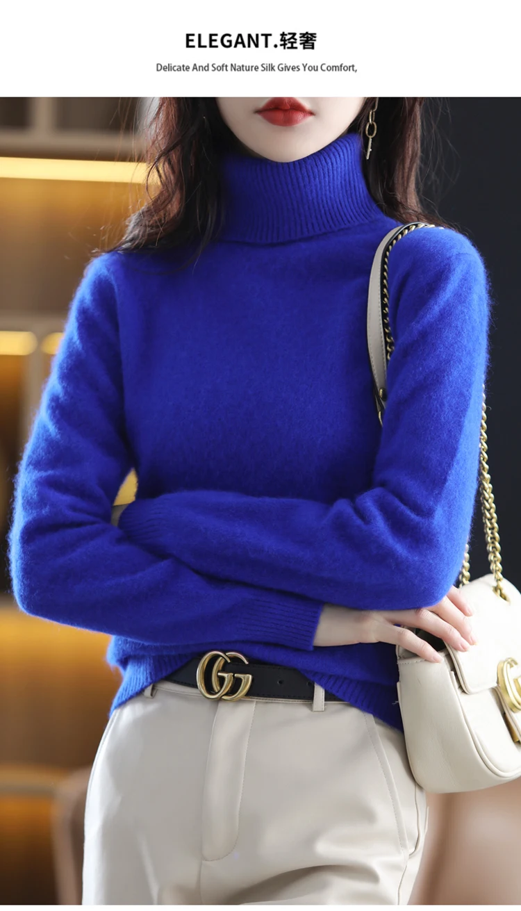LHZSYY Winter Women Sweater Solid 100%Mink Cashmere Turtleneck Knitted Pullovers Slim Soft Warm Female Long Sleeve 23 Color