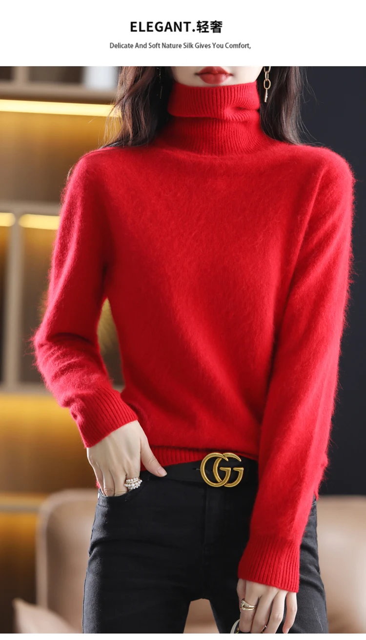 LHZSYY Winter Women Sweater Solid 100%Mink Cashmere Turtleneck Knitted Pullovers Slim Soft Warm Female Long Sleeve 23 Color
