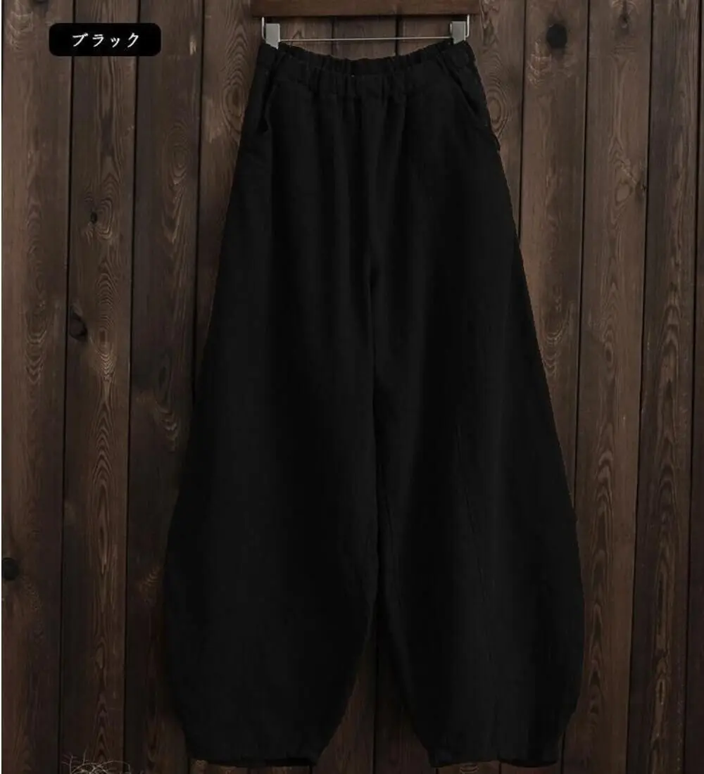 2024 Cotton Linen Bloomers Wide Leg Pants Women Vintage Full Length Fashion Elegent Pants Solid Elasitic Waist Spring Autumn 5XL