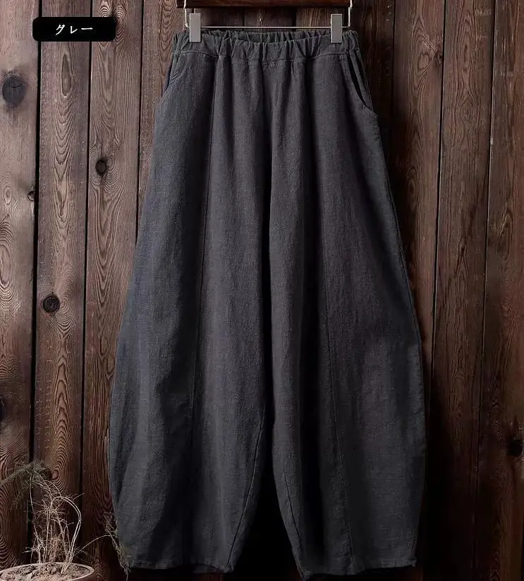 2024 Cotton Linen Bloomers Wide Leg Pants Women Vintage Full Length Fashion Elegent Pants Solid Elasitic Waist Spring Autumn 5XL