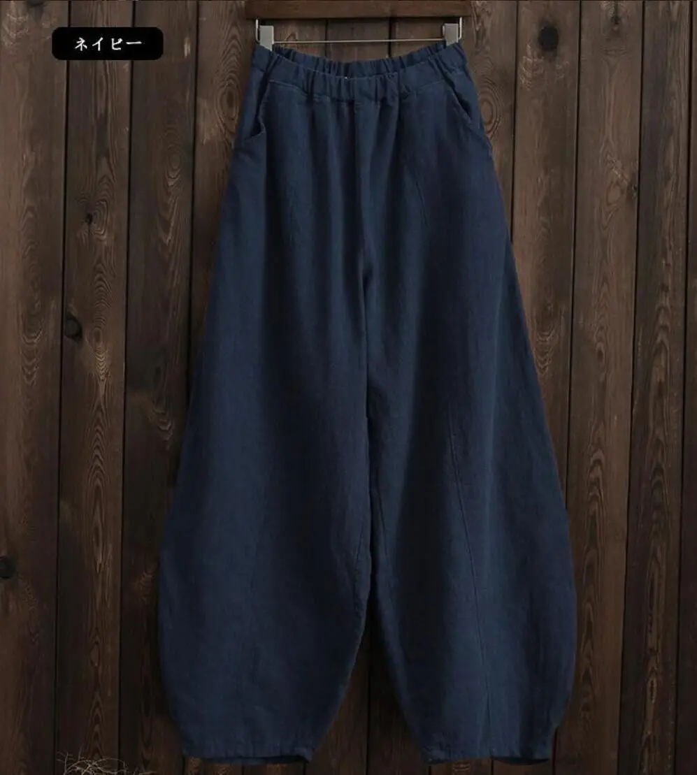 2024 Cotton Linen Bloomers Wide Leg Pants Women Vintage Full Length Fashion Elegent Pants Solid Elasitic Waist Spring Autumn 5XL