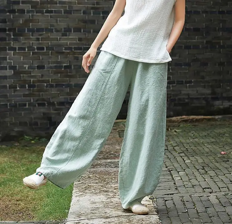 2024 Cotton Linen Bloomers Wide Leg Pants Women Vintage Full Length Fashion Elegent Pants Solid Elasitic Waist Spring Autumn 5XL