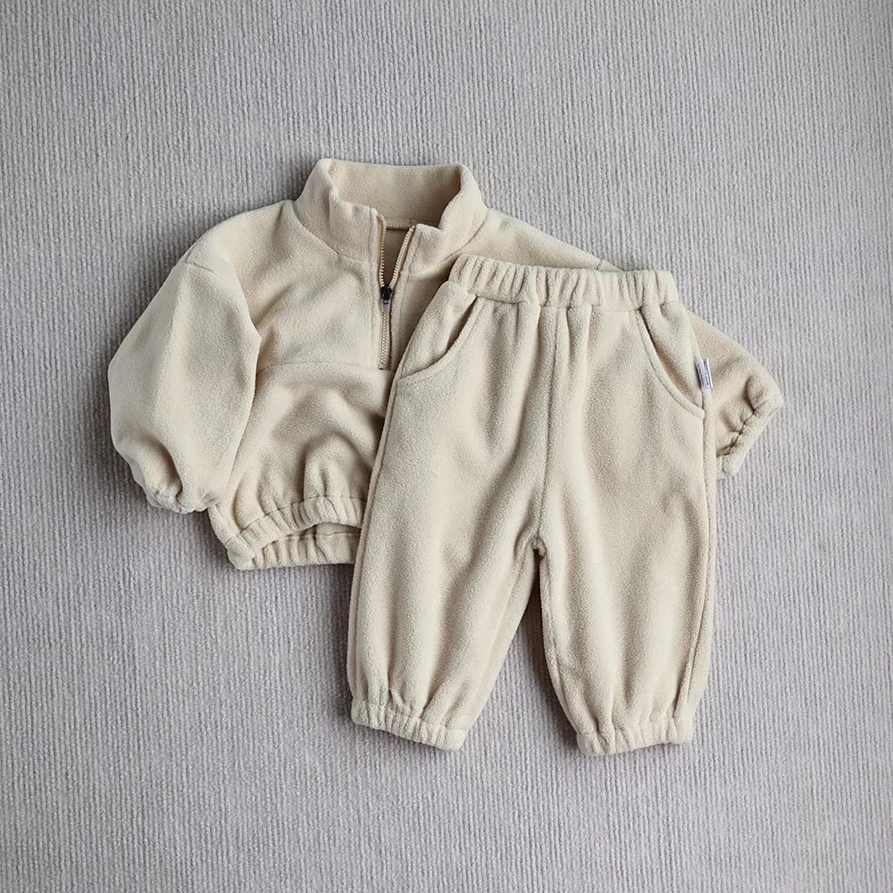 MILANCEL New Autumn Baby Sports Suit Toddler Fleece Solid Color Hoodies Suit Infant Outfit 2PCS