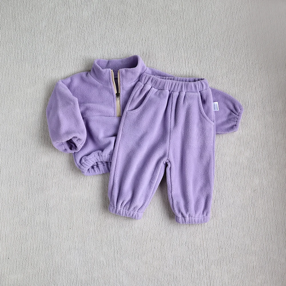 MILANCEL New Autumn Baby Sports Suit Toddler Fleece Solid Color Hoodies Suit Infant Outfit 2PCS
