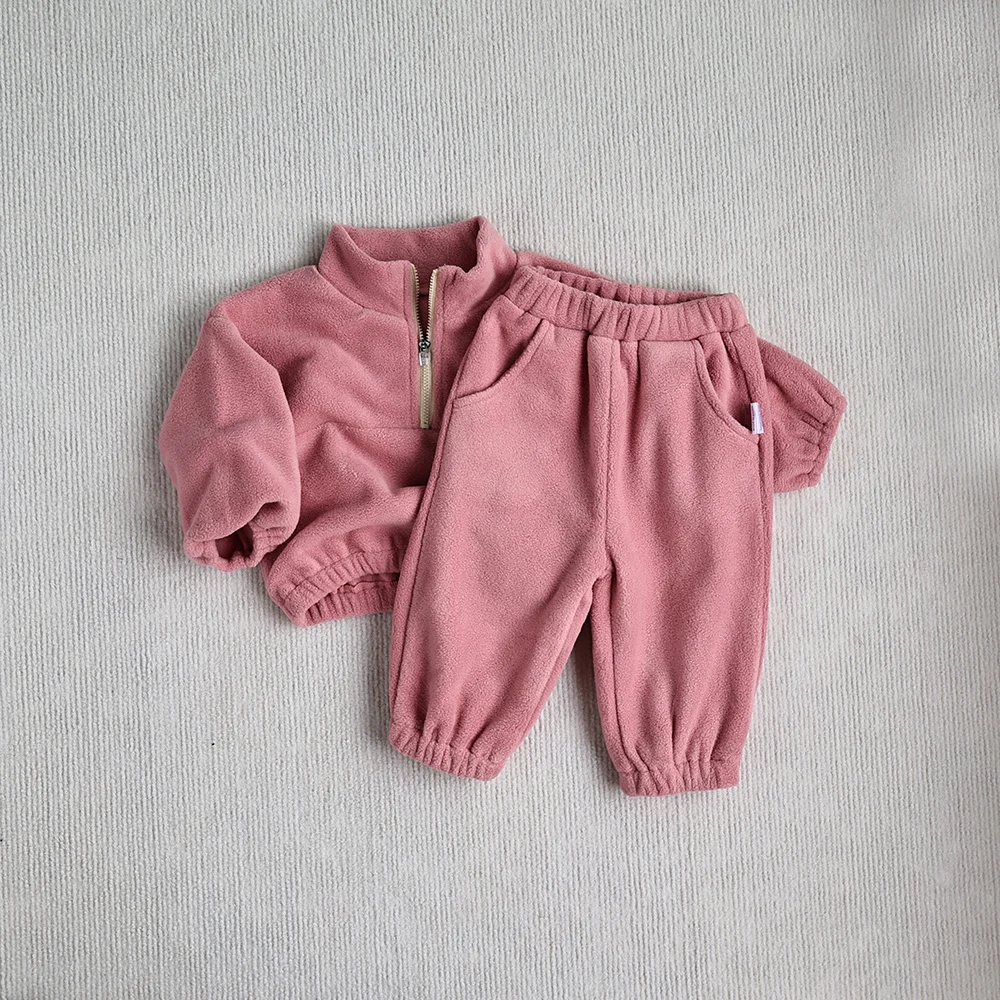 MILANCEL New Autumn Baby Sports Suit Toddler Fleece Solid Color Hoodies Suit Infant Outfit 2PCS