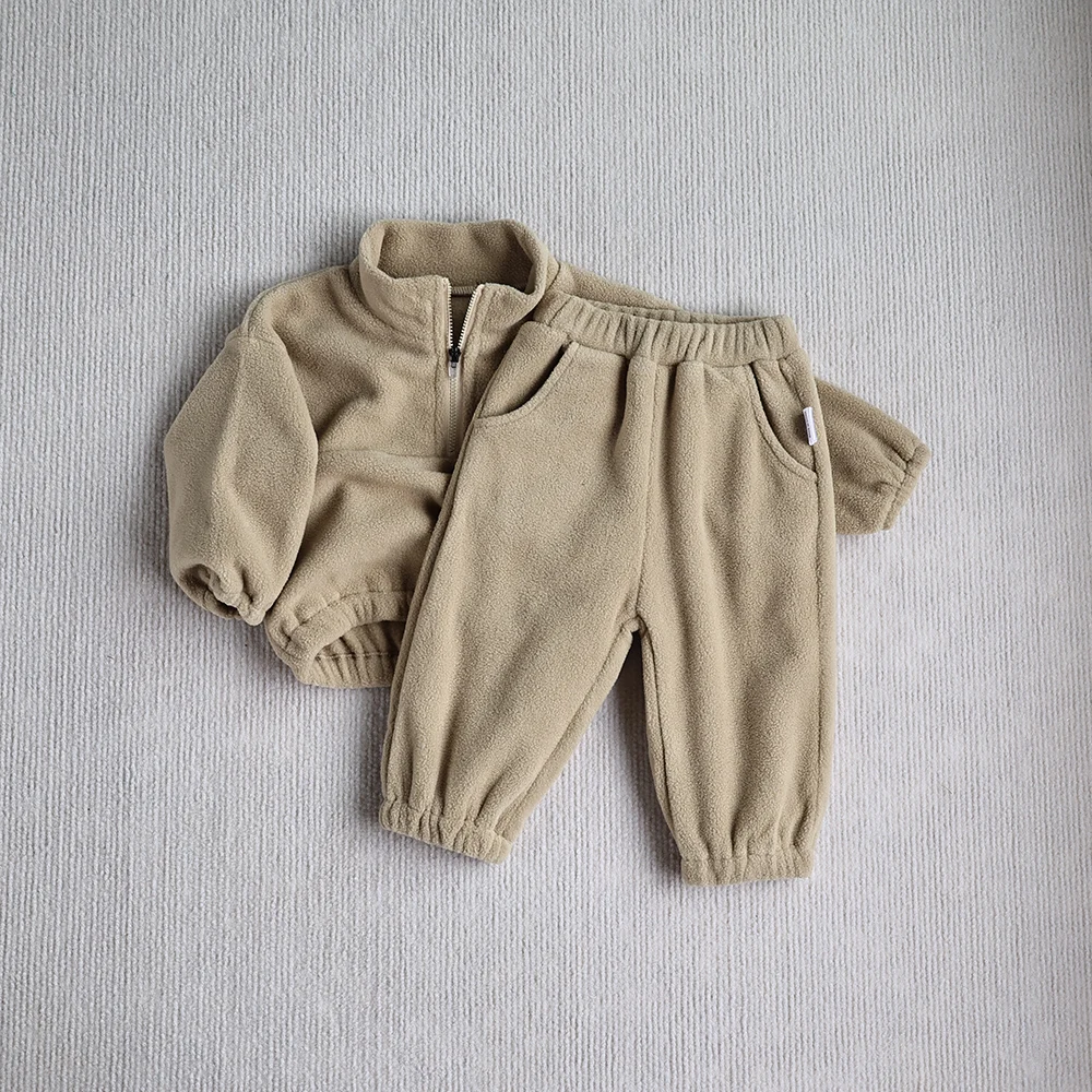 MILANCEL New Autumn Baby Sports Suit Toddler Fleece Solid Color Hoodies Suit Infant Outfit 2PCS