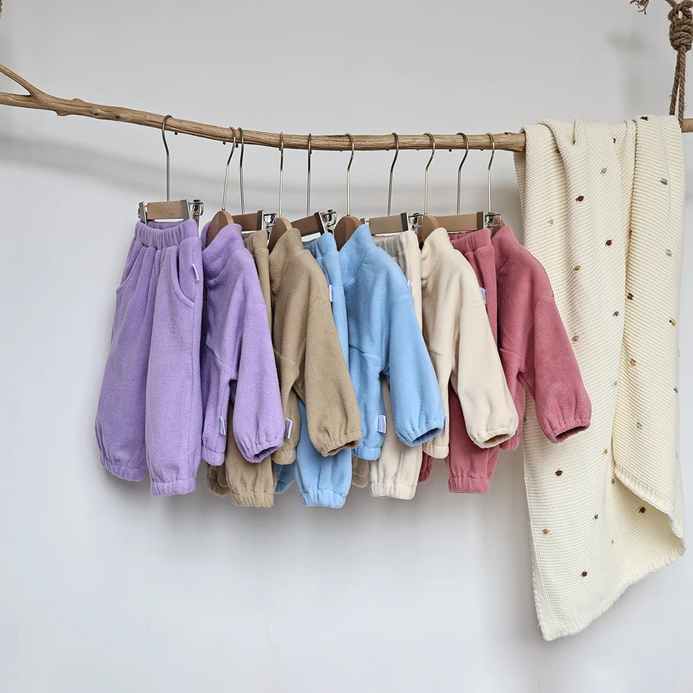 MILANCEL New Autumn Baby Sports Suit Toddler Fleece Solid Color Hoodies Suit Infant Outfit 2PCS