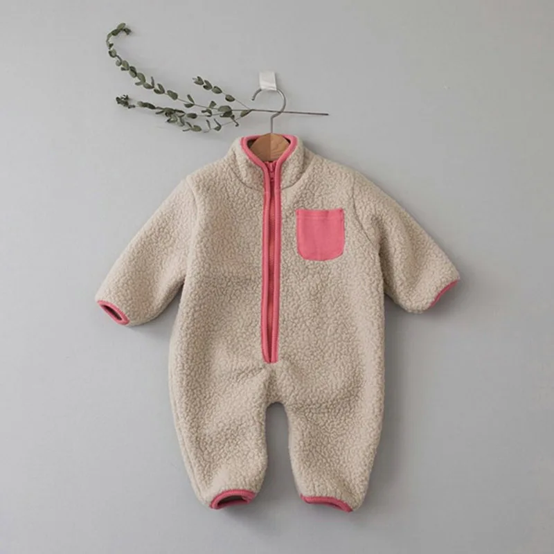 MILANCEL Spring Autumn Newborn Baby Romper Infant Warm Lamb Fleece Patchwork Jumpsuit Toddler Outwear