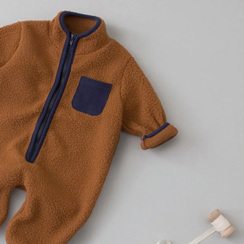MILANCEL Spring Autumn Newborn Baby Romper Infant Warm Lamb Fleece Patchwork Jumpsuit Toddler Outwear