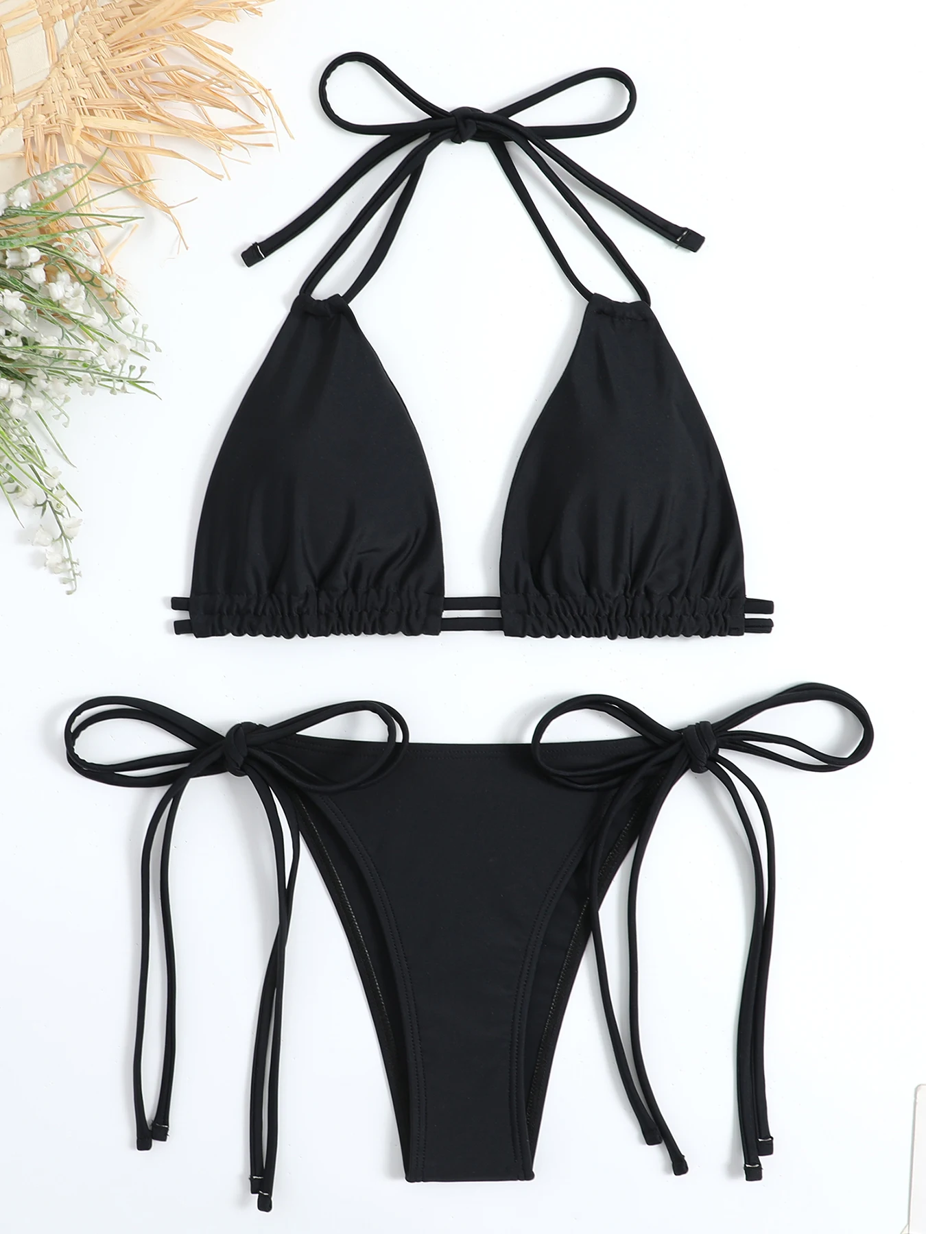 2026 Sexy Solid Bandage Bikini Halter Strappy Swimwear Women Swimsuit Female Two Pieces Bikini Set Low Waist Bathing Suit Bather