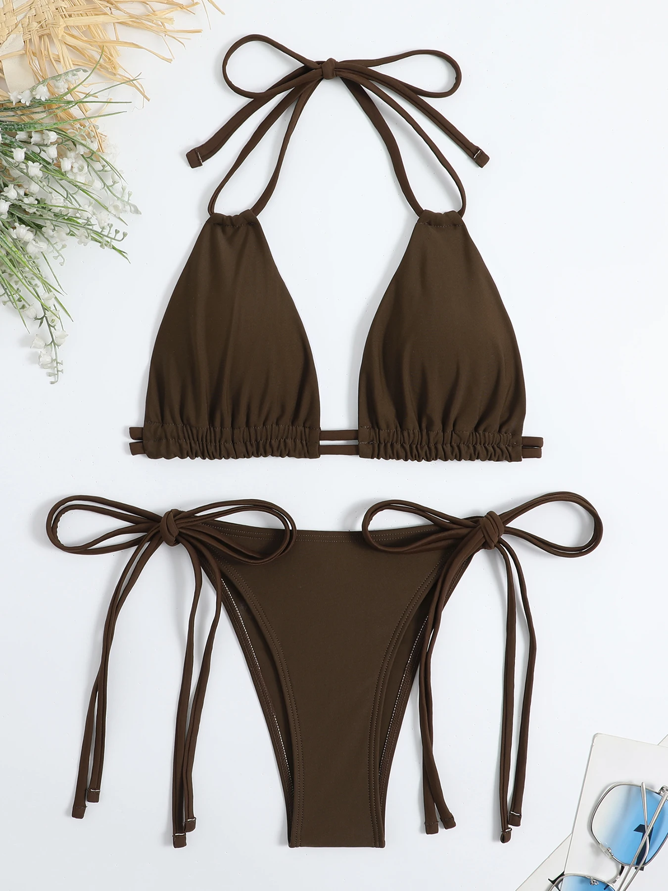 2026 Sexy Solid Bandage Bikini Halter Strappy Swimwear Women Swimsuit Female Two Pieces Bikini Set Low Waist Bathing Suit Bather
