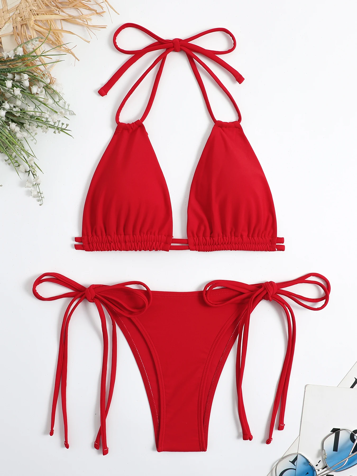 2026 Sexy Solid Bandage Bikini Halter Strappy Swimwear Women Swimsuit Female Two Pieces Bikini Set Low Waist Bathing Suit Bather