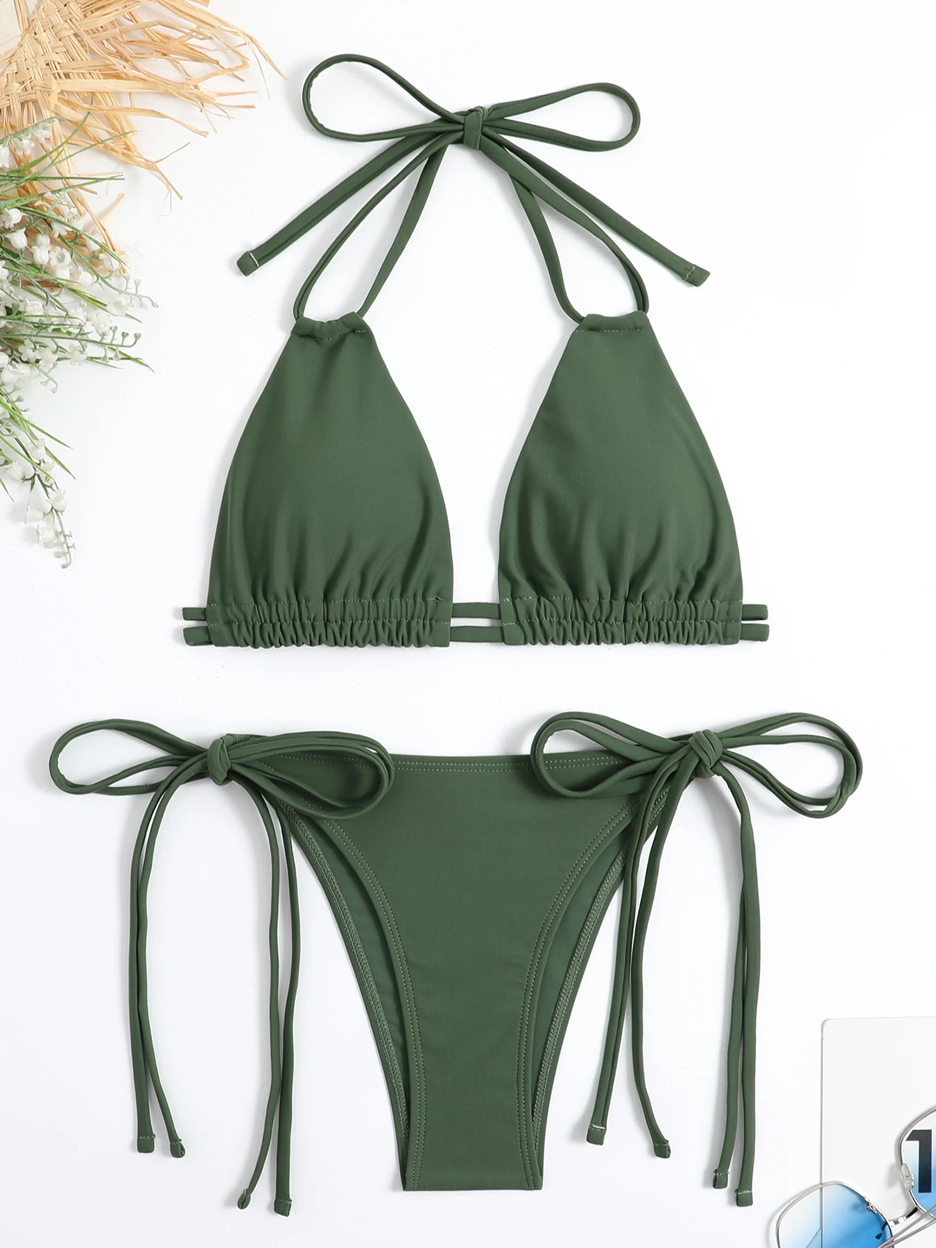2026 Sexy Solid Bandage Bikini Halter Strappy Swimwear Women Swimsuit Female Two Pieces Bikini Set Low Waist Bathing Suit Bather