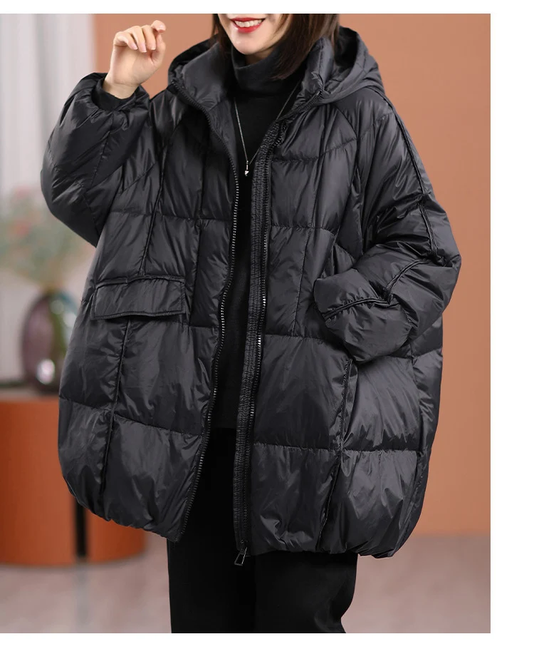 Schinteon Women White Duck Down Jacket with Hood Autumn Winter Warm Outwear Casual Loose Over Size Outwear Thick Coat 2026 New