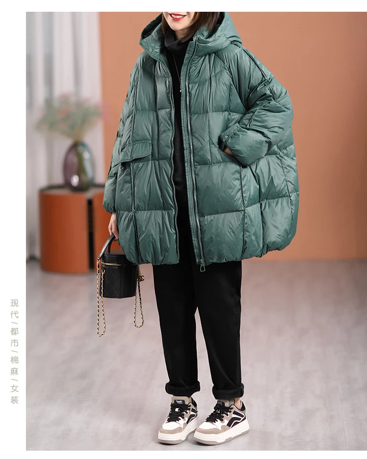 Schinteon Women White Duck Down Jacket with Hood Autumn Winter Warm Outwear Casual Loose Over Size Outwear Thick Coat 2026 New