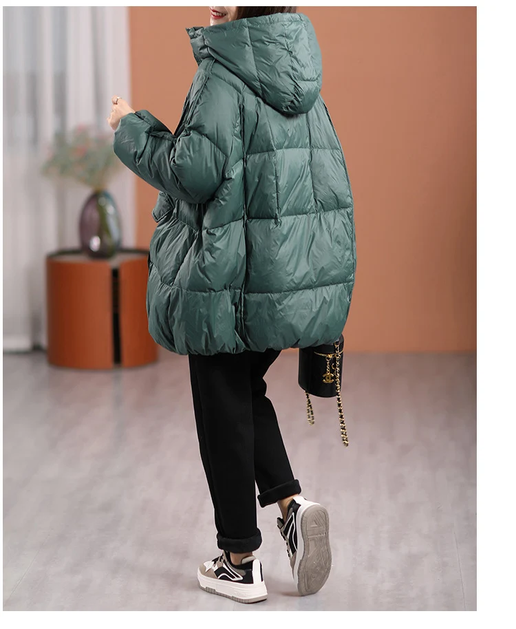 Schinteon Women White Duck Down Jacket with Hood Autumn Winter Warm Outwear Casual Loose Over Size Outwear Thick Coat 2026 New